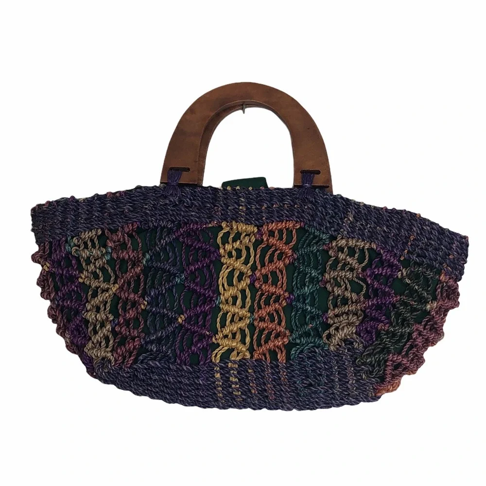 Straw Clutch Purse Rainbow‎ Multi Colors Wood Handles Unbranded EUC SH834